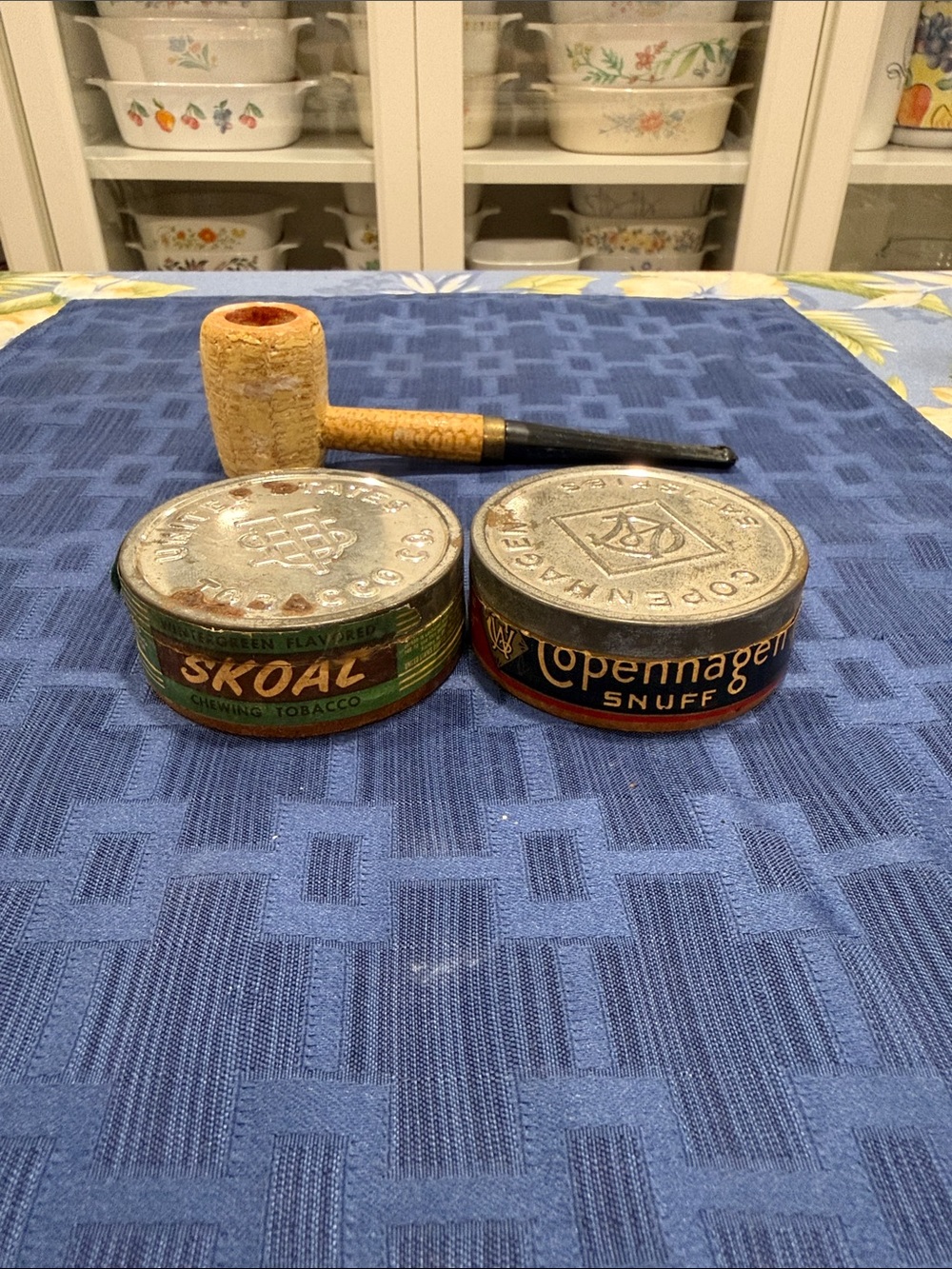 Vintage Skoal & Copenhagen Tins with Corncob Pipe - Blue/Green/Red Accents